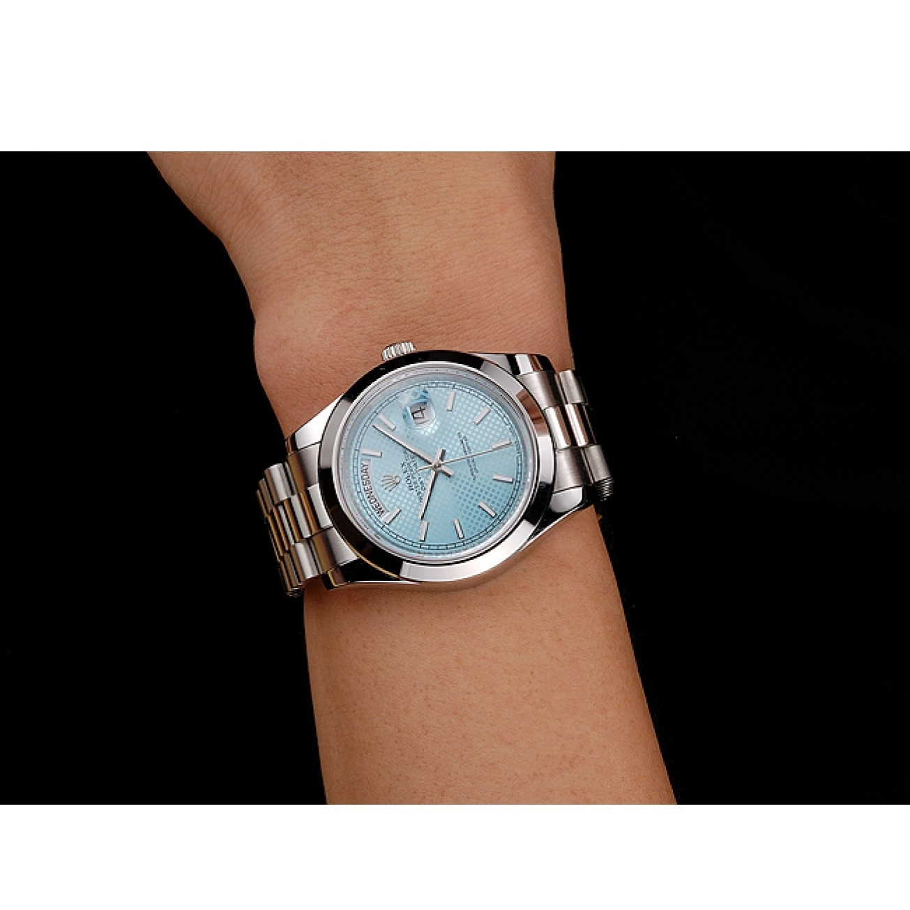 Rolex copies cheap Rolex 40 Stainless Date Steel Day Swiss Platinum Bracelet And Dial Case Ice Blue 0515